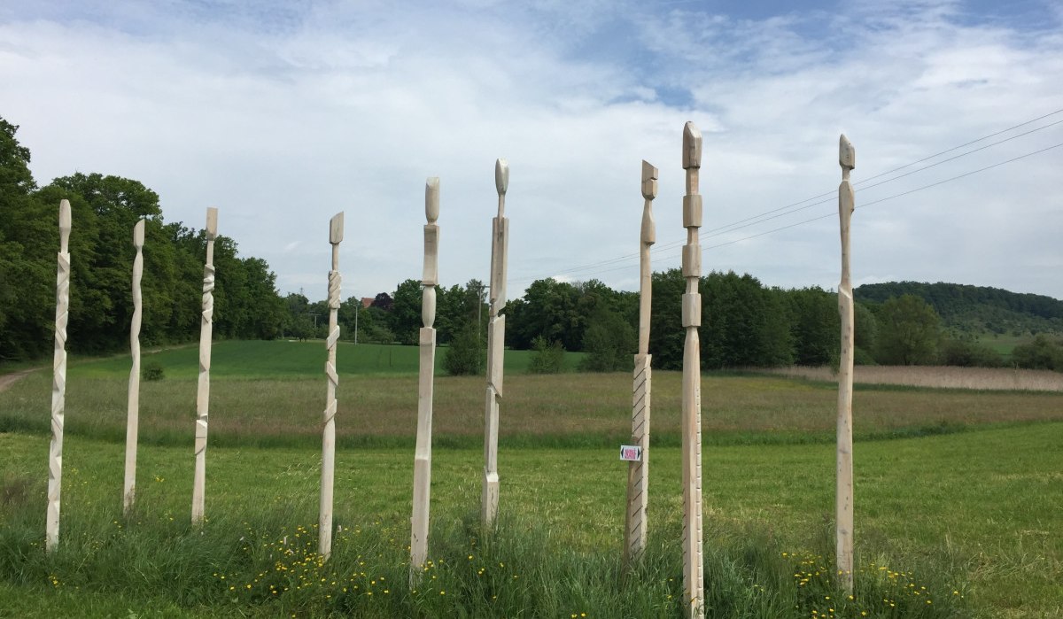 Holzskulpturen stehen in einer Reihe auf einer grünen Wiese, umgeben von Bäumen und einem bewölkten Himmel., © www.pro-cycl.de