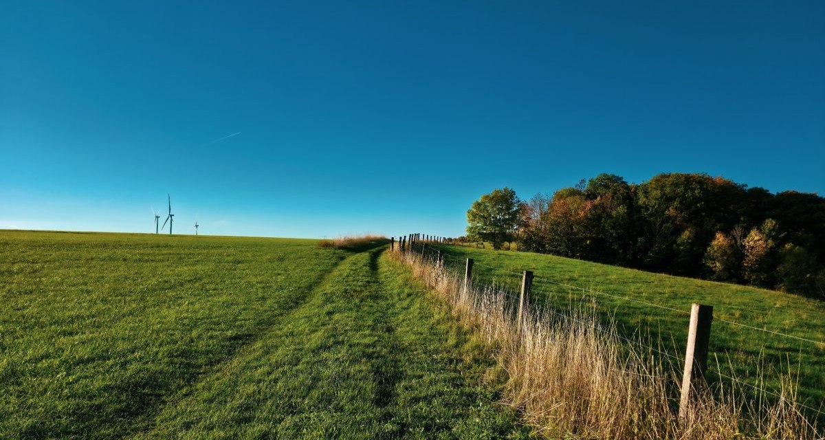 Ein grüner Weg verläuft entlang eines Holzzauns über eine Wiese. Im Hintergrund stehen Windräder und Bäume unter einem klaren blauen Himmel., © Landkreis Göppingen Ein grüner Weg verläuft entlang eines Holzzauns über eine Wiese. Im Hintergrund stehen Windräder und Bäume unter einem klaren blauen Himmel., © Landkreis Göppingen