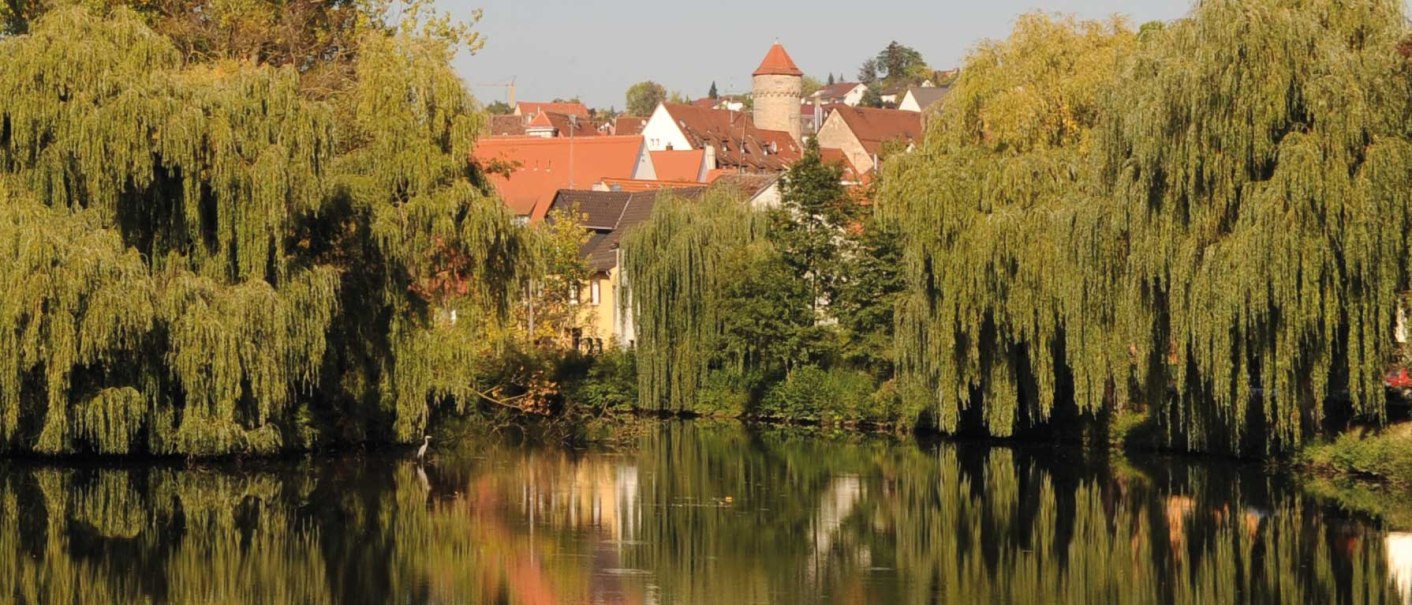 Der Haspelturm ragt über die Dächer einer Stadt, umgeben von üppigen Bäumen, die sich im ruhigen Wasser eines Flusses spiegeln., © Stadt Vaihingen an der Enz Der Haspelturm ragt über die Dächer einer Stadt, umgeben von üppigen Bäumen, die sich im ruhigen Wasser eines Flusses spiegeln., © Stadt Vaihingen an der Enz
