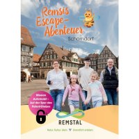 Plakat für Remsis Escape-Abenteuer in Schorndorf. Eine Familie steht vor Fachwerkhäusern. Text: "Mission Automobil - Auf der Spur des Patent-Diebes"., © Eigenbetrieb Tourismus und Citymanagement Schorndorf