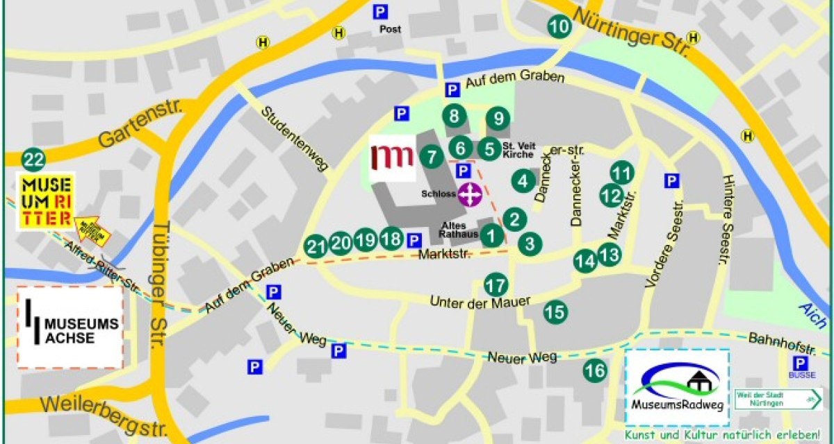 Stadtplan mit markierten Sehenswürdigkeiten, Museen und Straßen. Wichtige Orte sind nummeriert. Der MuseumsRadweg ist hervorgehoben., © Natur.Nah. Schönbuch & Heckengäu Stadtplan mit markierten Sehenswürdigkeiten, Museen und Straßen. Wichtige Orte sind nummeriert. Der MuseumsRadweg ist hervorgehoben., © Natur.Nah. Schönbuch & Heckengäu