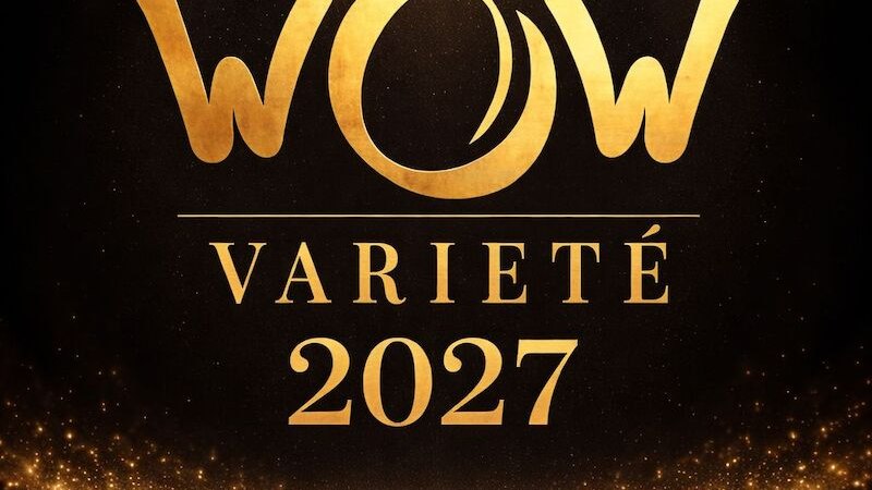 Goldener Schriftzug 'WOW Variet&eacute; 2027' auf schwarzem Hintergrund mit funkelnden Lichteffekten., &copy; Stadthalle Leonberg