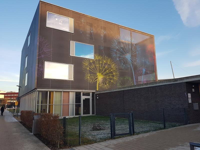 Modernes Gebäude mit großen Fenstern und bunter Löwenzahn-Grafik auf der Fassade. Klare Linien und minimalistisches Design prägen die Architektur., © Stadt Böblingen - Fachstelle für Bürgerschaftliches Engagement