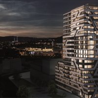 Nachtansicht des CLOUD N°7 Apartments in Stuttgart. Das moderne Hochhaus ist beleuchtet und hebt sich vor der nächtlichen Skyline der Stadt ab., © CLOUD N°7 APARTMENTS GmbH