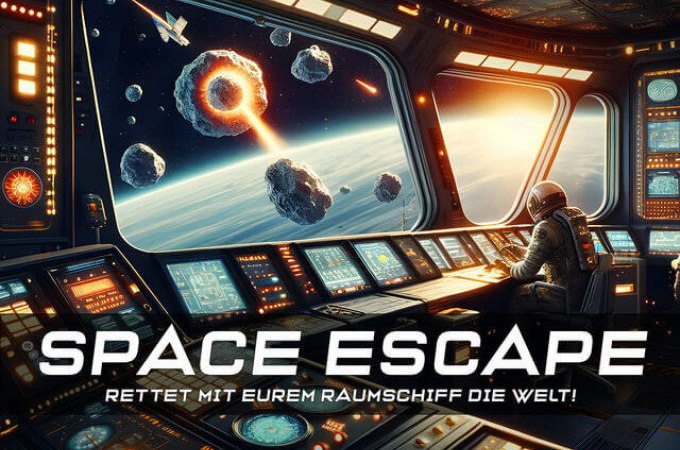 Ein Astronaut im Raumschiff-Cockpit beobachtet Asteroiden und eine Explosion im Weltraum. Text: 'SPACE ESCAPE - Rettet mit eurem Raumschiff die Welt!', &copy; TeamEscape Stuttgart