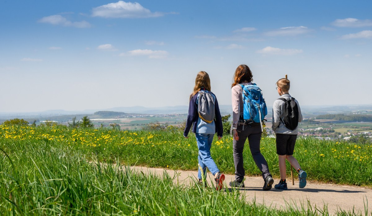 Drei Personen wandern auf einem Weg durch eine grüne Wiese mit gelben Blumen, im Hintergrund eine weite Landschaft unter blauem Himmel., © Stadtverwaltung Winnenden Drei Personen wandern auf einem Weg durch eine grüne Wiese mit gelben Blumen, im Hintergrund eine weite Landschaft unter blauem Himmel., © Stadtverwaltung Winnenden