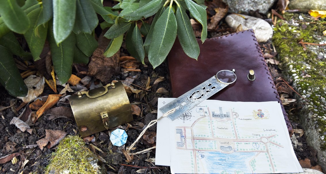 Eine Schatzkarte, ein Kompass, eine kleine Truhe und ein blauer Edelstein liegen auf dem Boden neben Pflanzen., © Flucht-Raum