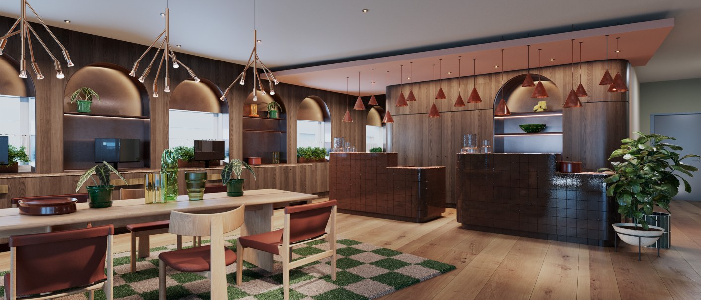 Moderne Rezeption mit Holzmöbeln, Pflanzen und stilvollen Lampen. Der Boden ist aus Holz, und es gibt eine grün-weiße Teppichfläche., © Scandic Hotels