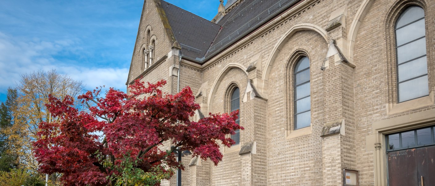 Die Johanneskirche in Backnang mit einem roten Baum im Vordergrund. Der Himmel ist blau mit einigen Wolken., © René Straube