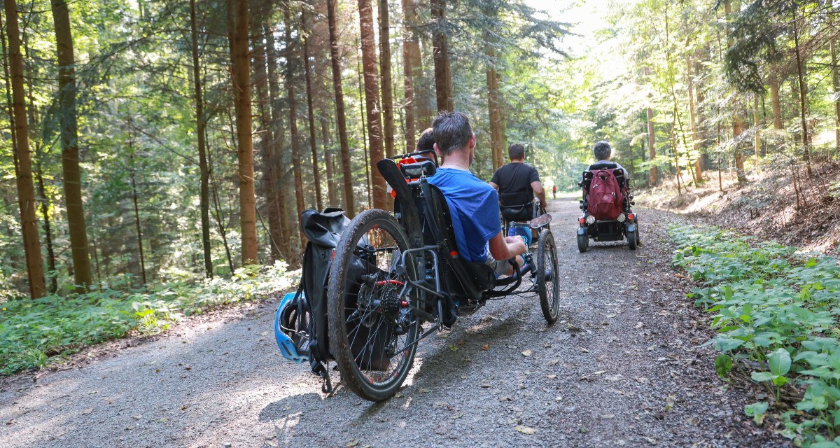 Drei Personen in Rollstühlen fahren auf einem sonnigen Waldweg. Die Umgebung ist dicht bewaldet und grün., © Naturpark Schwäbisch Fränkischer WAld