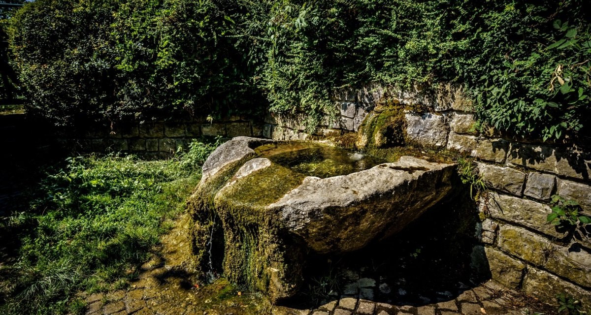 Ein steinerner Brunnen mit Moos, umgeben von einer Steinmauer und dichter Vegetation. Sonnenlicht f&auml;llt auf das Pflaster., &copy; Remstal Tourismus e.V.