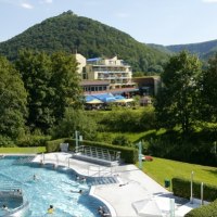 Hotel mit Pool vor bewaldeten Hügeln, umgeben von grüner Landschaft und Bäumen, unter blauem Himmel., © ©hotel-graf-eberhard.de
