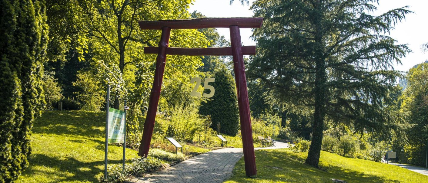 Ein rotes Torii-Tor mit der Zahl 25 im Apothekergarten Bad Liebenzell, umgeben von üppigem Grün und einem gepflasterten Weg., © Stuttgart-Marketing GmbH, Sarah Schmid