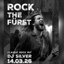 Schwarz-weißes Plakat für ein Rockkonzert mit einem Gitarristen und dem Text 'Rock The Fürst'. Event am 14.03.26 mit DJ Silver., © links im Bild Schwarz-weißes Plakat für ein Rockkonzert mit einem Gitarristen und dem Text 'Rock The Fürst'. Event am 14.03.26 mit DJ Silver., © links im Bild