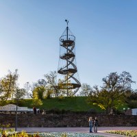 Der Killesbergturm steht in einem Park, umgeben von Bäumen. Menschen spazieren bei Sonnenuntergang. Ein Waffelstand ist sichtbar., © Stuttgart-Marketing GmbH, Werner Dieterich