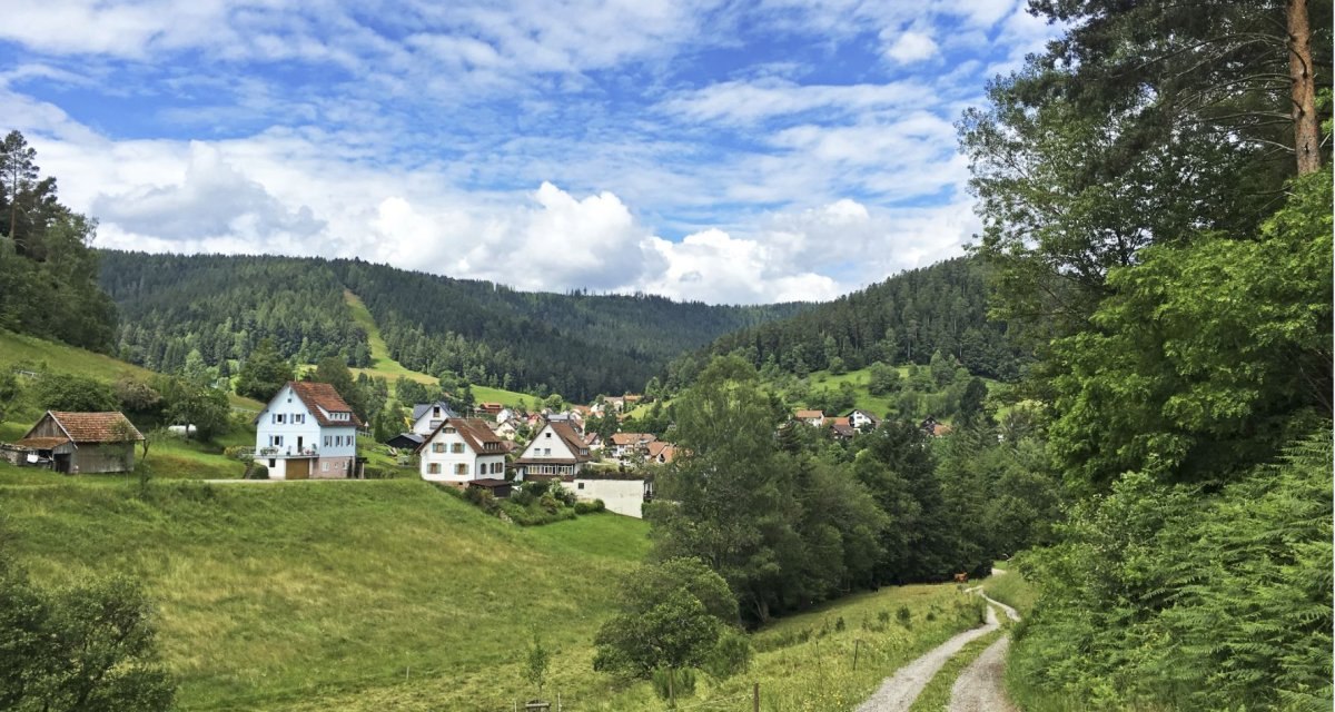 Blick auf das Heidelbeerdorf Enzklösterle, umgeben von grünen Wiesen und Wäldern unter einem blauen Himmel mit Wolken., © www.pro-cycl.de Blick auf das Heidelbeerdorf Enzklösterle, umgeben von grünen Wiesen und Wäldern unter einem blauen Himmel mit Wolken., © www.pro-cycl.de