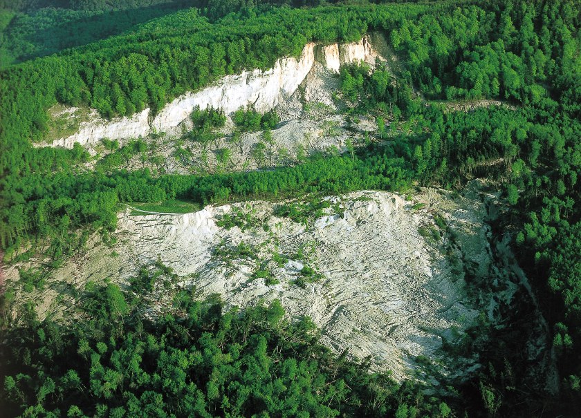 Luftaufnahme eines Bergrutsches in der Schwäbischen Alb, umgeben von dichtem Wald. Die Erdschichten sind sichtbar freigelegt., © Armin Dieter