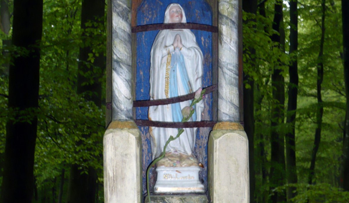 Eine Marienstatue in einem hölzernen Schrein, umgeben von Bäumen im Wald. Die Statue ist in einem gotischen Rahmen eingefasst.