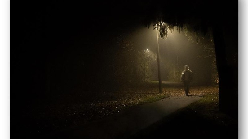 Eine Person spaziert nachts auf einem beleuchteten Weg durch einen nebligen Park. Die Umgebung ist dunkel, nur die Laternen spenden Licht., &copy; pixabay