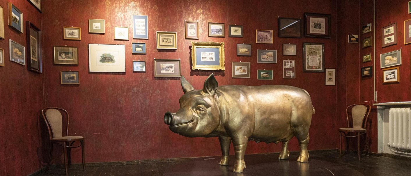 Ein Raum im Schweinemuseum Stuttgart mit einer großen Schweineskulptur und zahlreichen gerahmten Bildern an einer roten Wand., © Stuttgart-Marketing GmbH, Sarah Schmid Ein Raum im Schweinemuseum Stuttgart mit einer großen Schweineskulptur und zahlreichen gerahmten Bildern an einer roten Wand., © Stuttgart-Marketing GmbH, Sarah Schmid