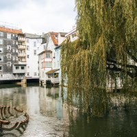 Ein malerischer Fluss fließt durch Esslingen, gesäumt von Fachwerkhäusern und einer großen Trauerweide. Ein Kunstwerk ragt aus dem Wasser., © SMG, Sarah Schmid Ein malerischer Fluss fließt durch Esslingen, gesäumt von Fachwerkhäusern und einer großen Trauerweide. Ein Kunstwerk ragt aus dem Wasser., © SMG, Sarah Schmid