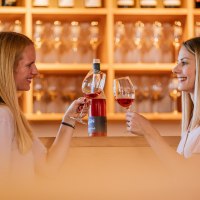 Zwei Frauen stoßen mit Weingläsern in einer Vinothek an. Im Hintergrund sind Weinflaschen und Gläser zu sehen., © Stuttgart-Marketing GmbH, Thomas Niedermüller