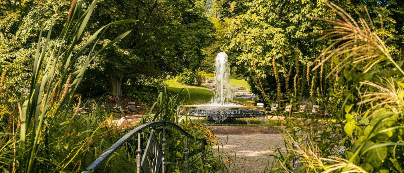 Ein idyllischer Brunnen im Kurpark von Bad Überkingen, umgeben von üppiger Vegetation und Bäumen, mit einem kleinen Weg im Vordergrund., © SMG, Sarah Schmid Ein idyllischer Brunnen im Kurpark von Bad Überkingen, umgeben von üppiger Vegetation und Bäumen, mit einem kleinen Weg im Vordergrund., © SMG, Sarah Schmid