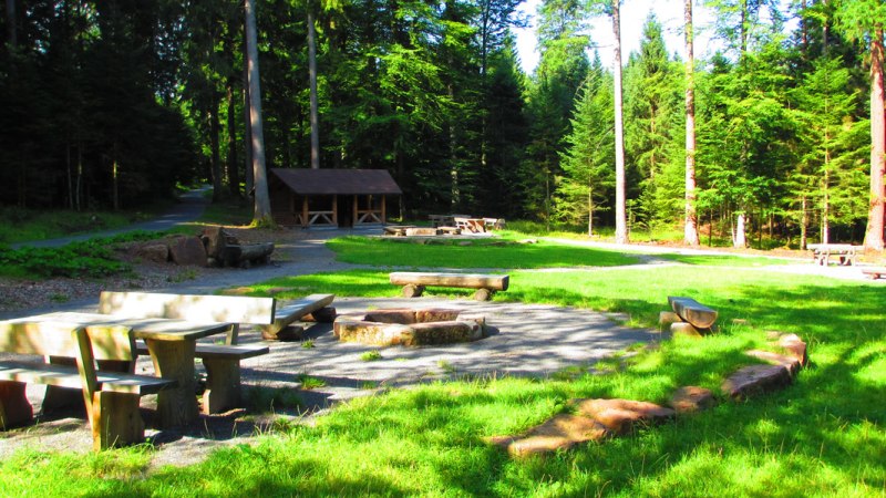Ein Grillplatz im Wald mit Holztischen, Bänken und einer Feuerstelle, umgeben von hohen Bäumen und grünem Gras., © Locher Fotodesign & Manufaktur Ein Grillplatz im Wald mit Holztischen, Bänken und einer Feuerstelle, umgeben von hohen Bäumen und grünem Gras., © Locher Fotodesign & Manufaktur