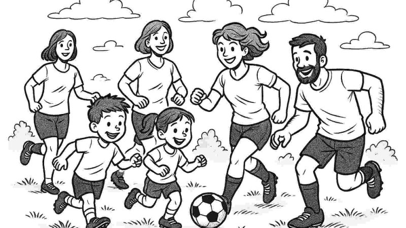 Zeichnung von mehreren Frauen, einem Mann und zwei Kindern, die Fussball spielen, © Co-Pilot365, Stadt Filderstadt Zeichnung von mehreren Frauen, einem Mann und zwei Kindern, die Fussball spielen, © Co-Pilot365, Stadt Filderstadt