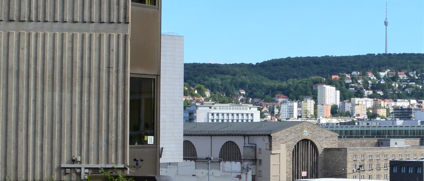 Stadtansicht mit Gebäuden, einem Kran und einem Turm im Hintergrund. Im Vordergrund ein begrüntes Dach., © Hotel BaWü
