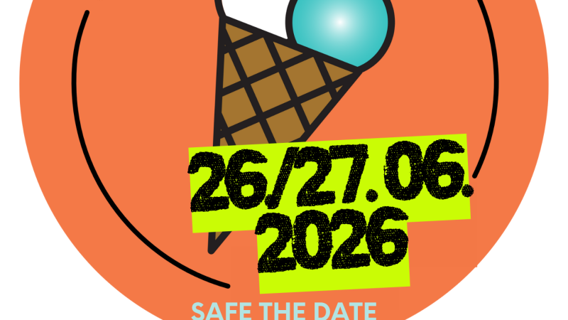 Rundes Logo mit Eist&uuml;te und Datum 26./27.06.2026. Text: 'Sch&ouml;n am Neckar', 'Safe the Date'. Hintergrund in Orange., &copy; copyright Kulturverein Provisorium e.V