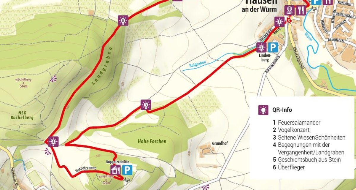 Karte zeigt Wanderroute von Hausen an der Würm nach Münklingen mit QR-Info-Punkten zu Natur und Geschichte. Sehenswürdigkeiten und Parkplätze markiert., © Natur.Nah. Schönbuch & Heckengäu Karte zeigt Wanderroute von Hausen an der Würm nach Münklingen mit QR-Info-Punkten zu Natur und Geschichte. Sehenswürdigkeiten und Parkplätze markiert., © Natur.Nah. Schönbuch & Heckengäu