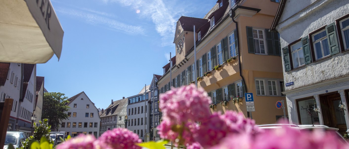 Malerische Straße in Nürtingen mit historischen Gebäuden und blühenden Blumen im Vordergrund. Der Himmel ist klar und blau., © SMG, A. Mende