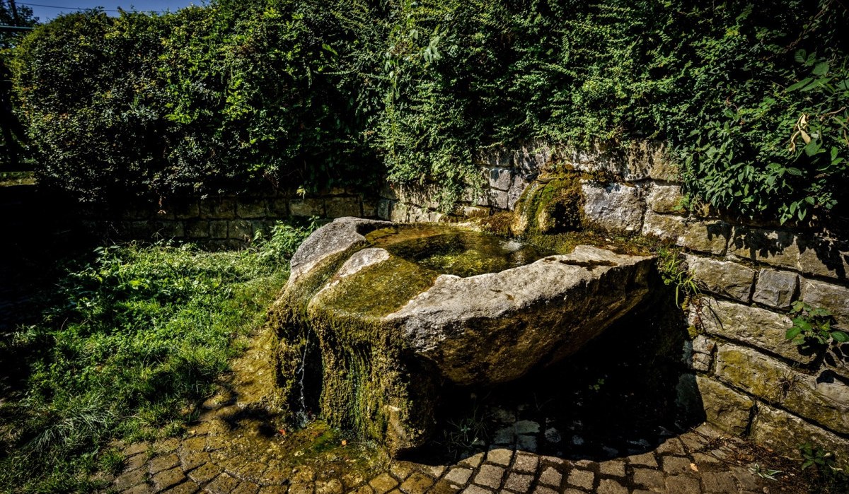 Ein steinerner Brunnen mit Moos, umgeben von einer Steinmauer und dichter Vegetation. Sonnenlicht fällt auf das Pflaster., © Remstal Tourismus e.V.