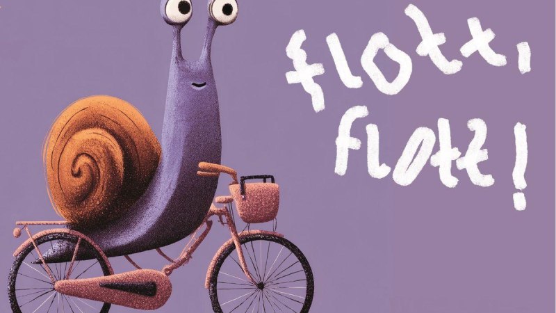 Eine fr&ouml;hliche Schnecke f&auml;hrt auf einem Fahrrad. Der Schriftzug 'flott, flott!' ist in wei&szlig;er Schrift auf einem lila Hintergrund zu sehen., &copy; Ludwigsburg Museum