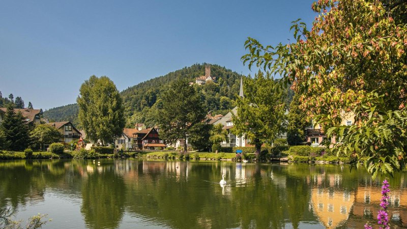 Der Stadtsee in Bad Liebenzell spiegelt die umliegenden Häuser wider. Im Hintergrund ist eine Burg auf einem bewaldeten Hügel zu sehen., © SMG, Sarah Schmid Der Stadtsee in Bad Liebenzell spiegelt die umliegenden Häuser wider. Im Hintergrund ist eine Burg auf einem bewaldeten Hügel zu sehen., © SMG, Sarah Schmid