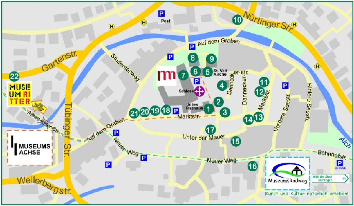 Stadtplan mit markierten Sehenswürdigkeiten, Museen und Straßen. Wichtige Orte sind nummeriert. Der MuseumsRadweg ist hervorgehoben., © Natur.Nah. Schönbuch & Heckengäu Stadtplan mit markierten Sehenswürdigkeiten, Museen und Straßen. Wichtige Orte sind nummeriert. Der MuseumsRadweg ist hervorgehoben., © Natur.Nah. Schönbuch & Heckengäu
