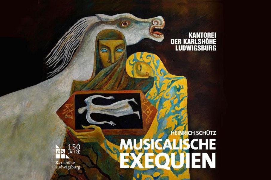 Ein mystisches Gem&auml;lde zeigt eine Figur mit einem Pferd im Hintergrund. Der Schriftzug 'Musicalische Exequien' von Heinrich Sch&uuml;tz ist prominent platziert., &copy; Ludwigsburg