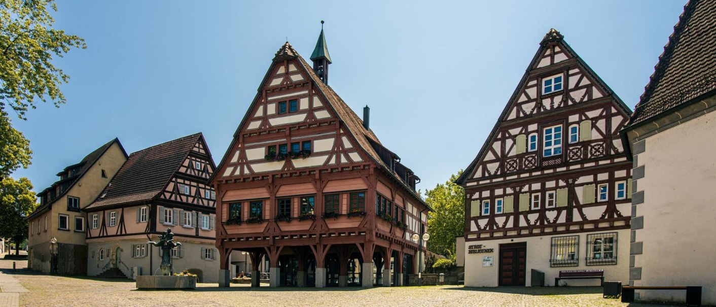 Fachwerkhäuser in der Altstadt von Plochingen, darunter das historische Rathaus. Die Gebäude sind bei klarem Himmel und Sonnenschein zu sehen., © Stuttgart-Marketing GmbH, Sarah Schmid Fachwerkhäuser in der Altstadt von Plochingen, darunter das historische Rathaus. Die Gebäude sind bei klarem Himmel und Sonnenschein zu sehen., © Stuttgart-Marketing GmbH, Sarah Schmid