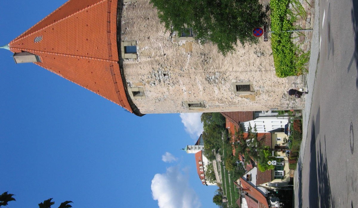 Ein mittelalterlicher Turm mit rotem Dach und Steinmauern, umgeben von Bäumen und Gebäuden, unter blauem Himmel., © Land der 1000 Hügel - Kraichgau-Stromberg