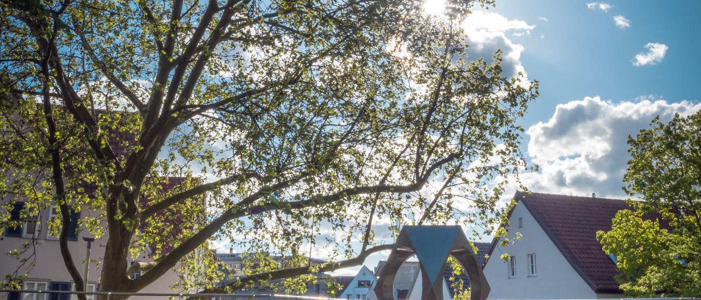 Moderner Brunnen auf gepflastertem Platz, umgeben von Bäumen und Gebäuden. Die Sonne scheint durch die Blätter, der Himmel ist blau mit wenigen Wolken., © René Straube