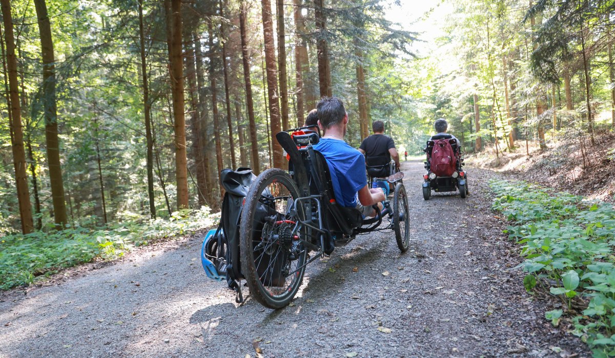 Drei Personen in Rollstühlen fahren auf einem sonnigen Waldweg. Die Umgebung ist dicht bewaldet und grün., © Naturpark Schwäbisch Fränkischer WAld