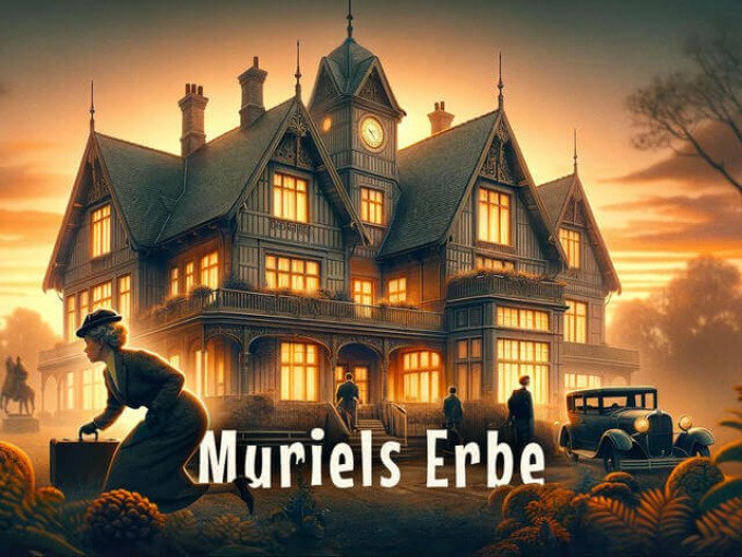 Eine Frau mit Koffer schleicht vor einem großen, beleuchteten Herrenhaus bei Sonnenuntergang. Der Titel 'Muriels Erbe' ist im Vordergrund sichtbar., © TeamEscape Stuttgart Eine Frau mit Koffer schleicht vor einem großen, beleuchteten Herrenhaus bei Sonnenuntergang. Der Titel 'Muriels Erbe' ist im Vordergrund sichtbar., © TeamEscape Stuttgart