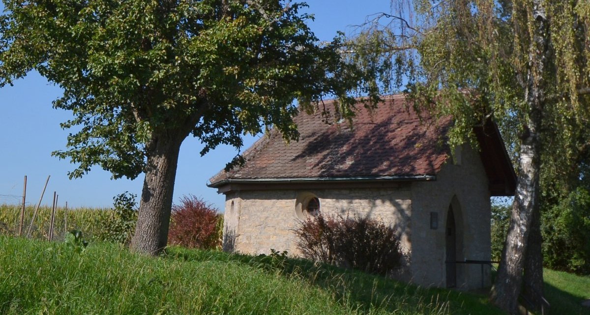 Die Heilig Kreuz Kapelle in Oeffingen steht idyllisch zwischen Bäumen und grüner Wiese unter blauem Himmel., © Fellbach Tourismus Die Heilig Kreuz Kapelle in Oeffingen steht idyllisch zwischen Bäumen und grüner Wiese unter blauem Himmel., © Fellbach Tourismus