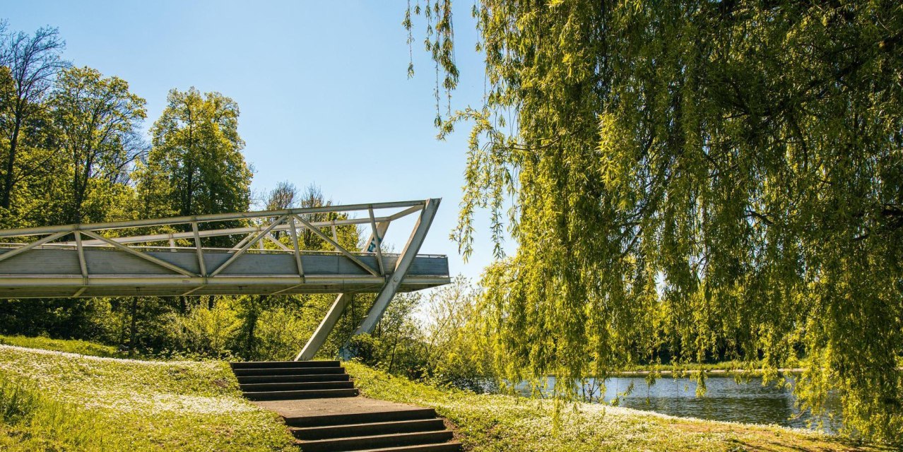 Eine moderne Brücke erstreckt sich über einen Fluss, umgeben von üppigem Grün und Bäumen unter einem klaren blauen Himmel., © Stuttgart-Marketing GmbH, Sarah Schmid Eine moderne Brücke erstreckt sich über einen Fluss, umgeben von üppigem Grün und Bäumen unter einem klaren blauen Himmel., © Stuttgart-Marketing GmbH, Sarah Schmid
