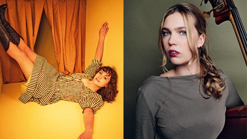 Links eine Frau in einem gelben Raum, liegend mit gestreiftem Kleid. Rechts eine Frau mit Kontrabass vor grünem Hintergrund., © Backnang Links eine Frau in einem gelben Raum, liegend mit gestreiftem Kleid. Rechts eine Frau mit Kontrabass vor grünem Hintergrund., © Backnang