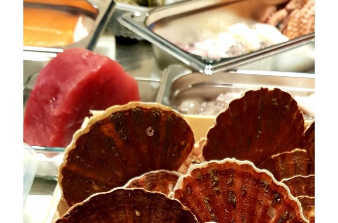 Muschelschalen, Fischfilets und Meeresfrüchte auf einem Tisch in einer Kochschule präsentiert., © Kultweine-Kochwelten-Kunstücke - Kochschule Sonja Lenz