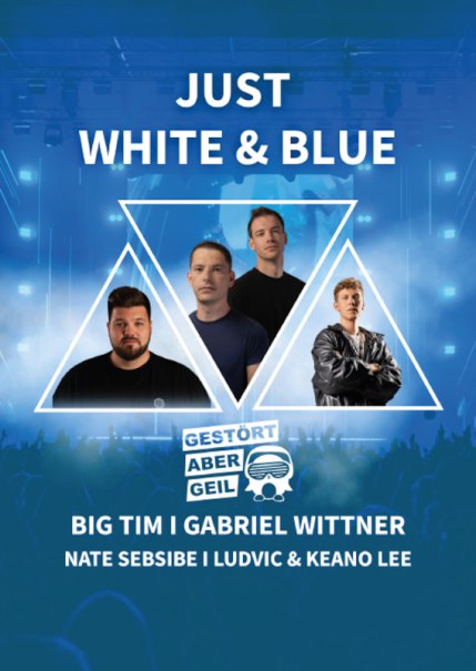 Plakat für das Event 'Just White & Blue' mit DJs Big Tim und Gabriel Wittner. Blau-weißer Hintergrund mit Lichteffekten und Publikumssilhouetten., © EVENTSTIFTER GmbH Plakat für das Event 'Just White & Blue' mit DJs Big Tim und Gabriel Wittner. Blau-weißer Hintergrund mit Lichteffekten und Publikumssilhouetten., © EVENTSTIFTER GmbH