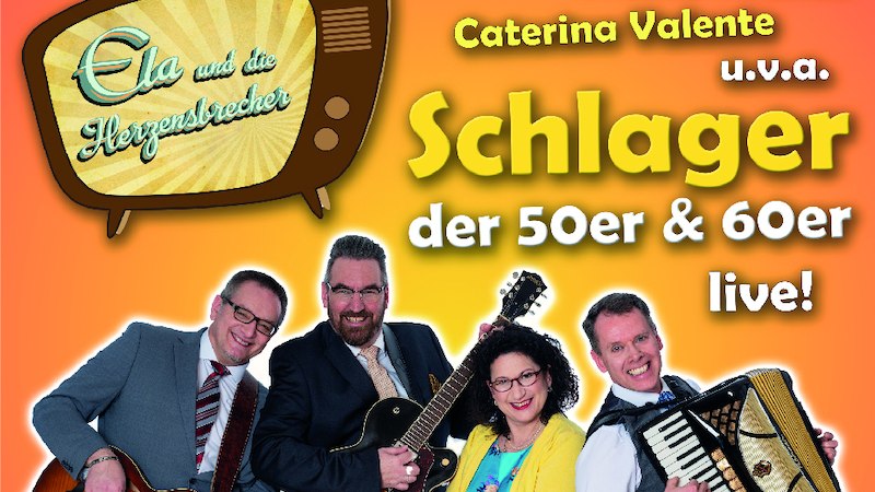 Plakat mit vier Personen, die Instrumente halten. Text: 'Ela und die Herzensbrecher', 'Schlager der 50er & 60er live'. Retro-TV-Design., © SBEntertainment GmbH & Co. KG