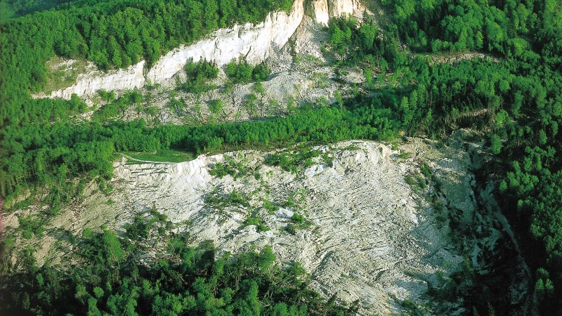 Luftaufnahme eines Bergrutsches in der Schwäbischen Alb, umgeben von dichtem Wald. Die Erdschichten sind sichtbar freigelegt., © Armin Dieter